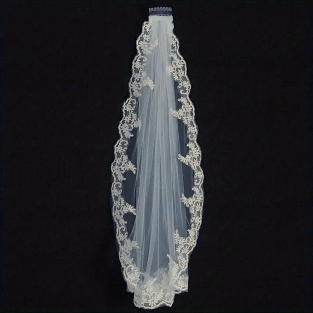 Embroidered Lace and Gems Edge Fingertip Bridal Wedding Veil White With Comb - Picture 8 of 8